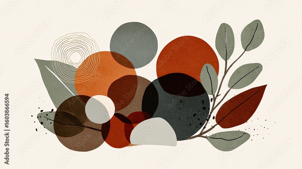 Naklejka premium Abstract Autumnal Botanical Composition with Overlapping Circles and Greenery in Muted Earth Tones