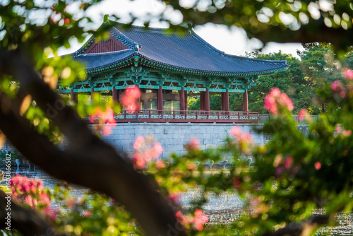A beautiful traditional Korean pavilion on a historic pond in Gyeongju, South Korea.