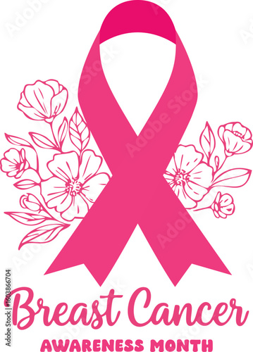 Breast Cancer Awareness Month Vector Illustration with Pink Ribbon and Flowers
