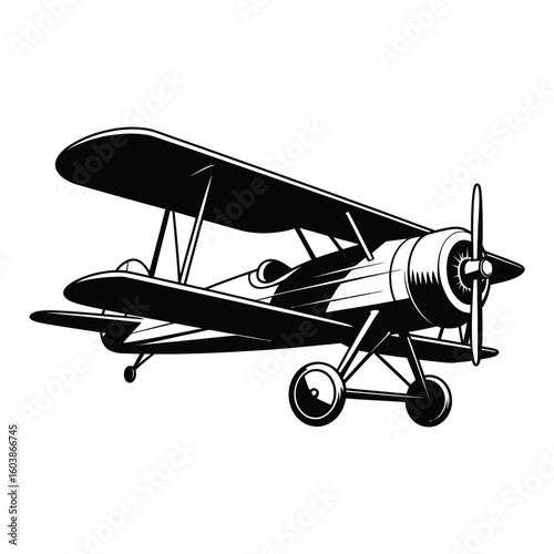 Vintage Biplane Airplane Illustration in Black and White Style