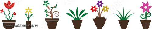 Plant and Flower Pot Icons Vector Set, Collection and Group, Botanical Potted Houseplants, Garden, Leaves, Minimal Flat Style, Monochrome Silhouette Graphic Bundle for Nature and Interior Design