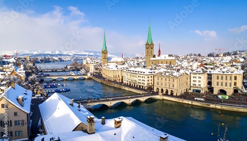 Snowy winter wonderland Zurich, Switzerland aerial view in the winter season