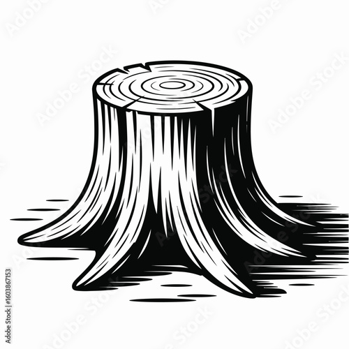 Monochrome Tree Stump Illustration with Growth Rings and Shadow