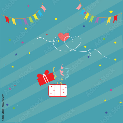 A  gift box with a white  ribbon and red bow, surrounded by bounties and confetti, celebrating a special occasion. background design with celebration icons in a vector illustration 