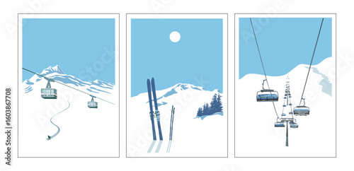 Modern retro ski posters, snowboard art prints