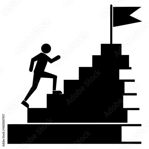 Person Running Up Stairs Towards a Flag Symbolizing Achievement and Success in Business and Personal Goals