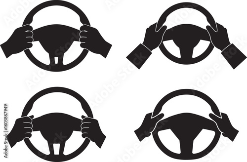 Four hands gripping steering wheel silhouette