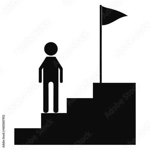 Person Climbing Stairs Towards a Flag Symbolizing Achievement and Success in Business and Personal Goals