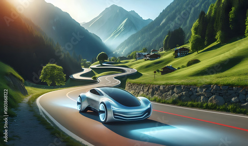 Autonomes Fahren, futuristisches Elektroauto, auf einer Straße in den Bergen. Verkehrstechnologie, Zukunft, Innovative Technologien.