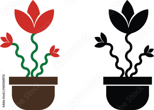 Plant and Flower Pot Icons Vector Set, Collection and Group, Botanical Potted Houseplants, Garden, Leaves, Minimal Flat Style, Monochrome Silhouette Graphic Bundle for Nature and Interior Design