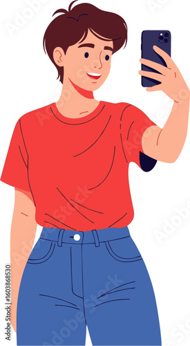 Happy young person with a smartphone taking a selfie photo. A cheerful character in casual clothes making a self-portrait on a mobile phone vector illustration.