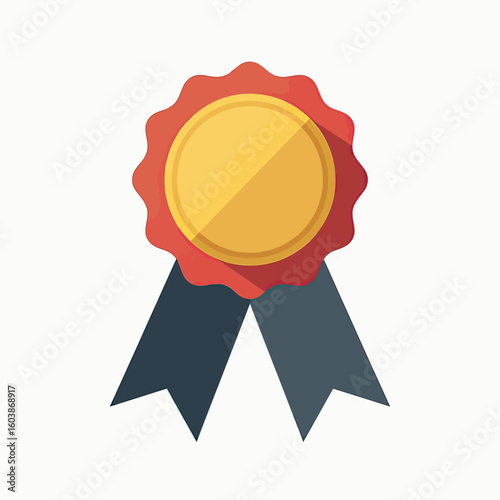 Elegant Flat Design Award Ribbon and Gold Medal Vector Illustration, Symbolizing Distinction and Trust, Ideal for Official Certifications, Product Quality Seals, or Professional Service Accolades.
