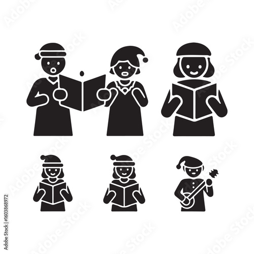 Black Silhouette Christmas Carolers with Songbooks and Instrument