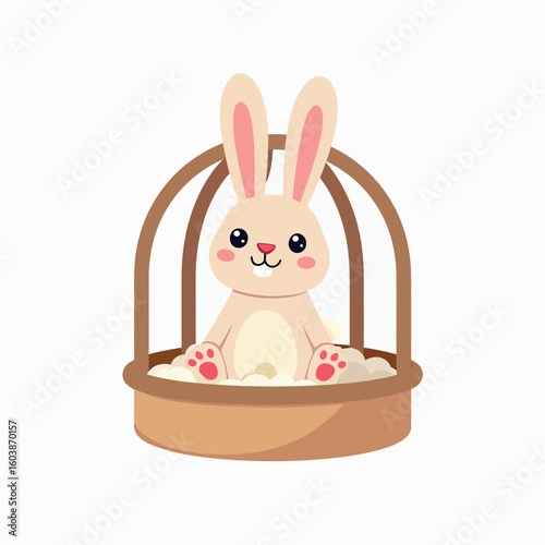 Adorable Cartoon Easter Bunny Illustration Sitting Cutely in a Basket with Colorful Eggs, Perfect for Charming Holiday Greeting Cards, Children's Festivities, or Spring Seasonal Decorations.
