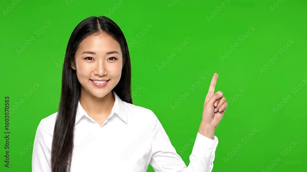 Asian woman in white blouse points up against a green screen Asian woman in white blouse points up against a green screen
