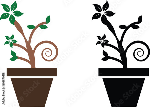 Plant and Flower Pot Icons Vector Set, Collection and Group, Botanical Potted Houseplants, Garden, Leaves, Minimal Flat Style, Monochrome Silhouette Graphic Bundle for Nature and Interior Design