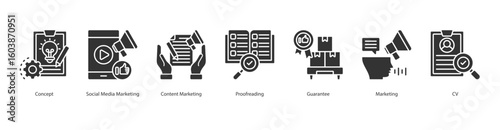 Content Marketing banner web icon set vector illustration concept with icon of concept, social media marketing, content marketing, proofreading, guarantee, marketing, cv