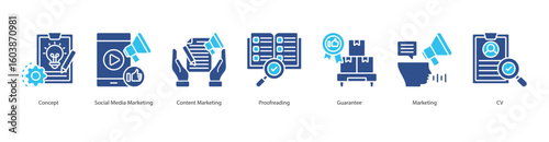 Content Marketing banner web icon set vector illustration concept with icon of concept, social media marketing, content marketing, proofreading, guarantee, marketing, cv
