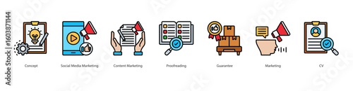 Content Marketing banner web icon set vector illustration concept with icon of concept, social media marketing, content marketing, proofreading, guarantee, marketing, cv