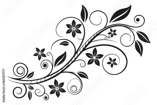 black vector silhouette elegant floral vine border, swirling leaves and small flowers