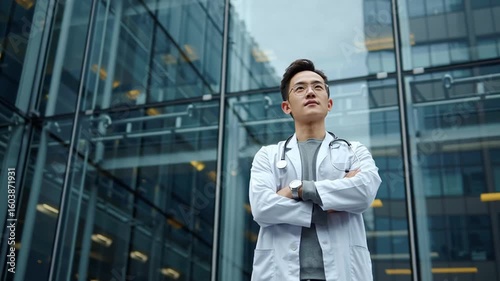 Wallpaper Mural Confident young doctor standing outside glass medical building, captured in natural lighting – Video 4K UHD 60fps Torontodigital.ca