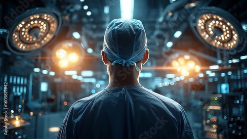 Back view of surgeon in high-tech operating theater, conveying focus, solitude, and medical excellence – Video 4K UHD 60fps