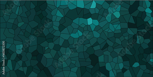 Abstract teal stained glass design creating a textured background with various shades of green and blue displaying a unique artistic concept