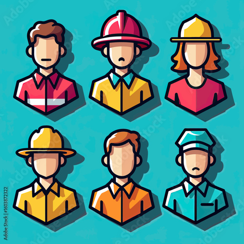 Diverse Industrial and Service Worker Avatars Vector Set with Flat Design and Bold Outlines, Ideal for Professional Training Materials, Corporate HR Communications, or Occupational Safety Awareness.
