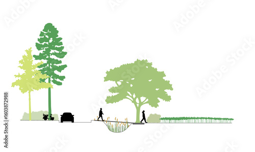Architectural Drawings, Minimal style cad tree line drawing, Side view, set of section wetland forest outline for landscape design drawing. Vector illustration in seperate element