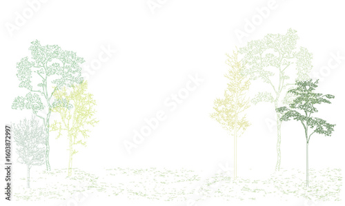 Architectural Drawings, Minimal style cad tree line drawing, Side view, set of section wetland forest outline for landscape design drawing. Vector illustration in seperate element
