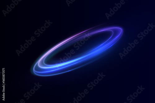 Vector glowing ellipse with soft blue and violet light on dark background. Futuristic light ring for sci-fi UI, motion design and digital interfaces.