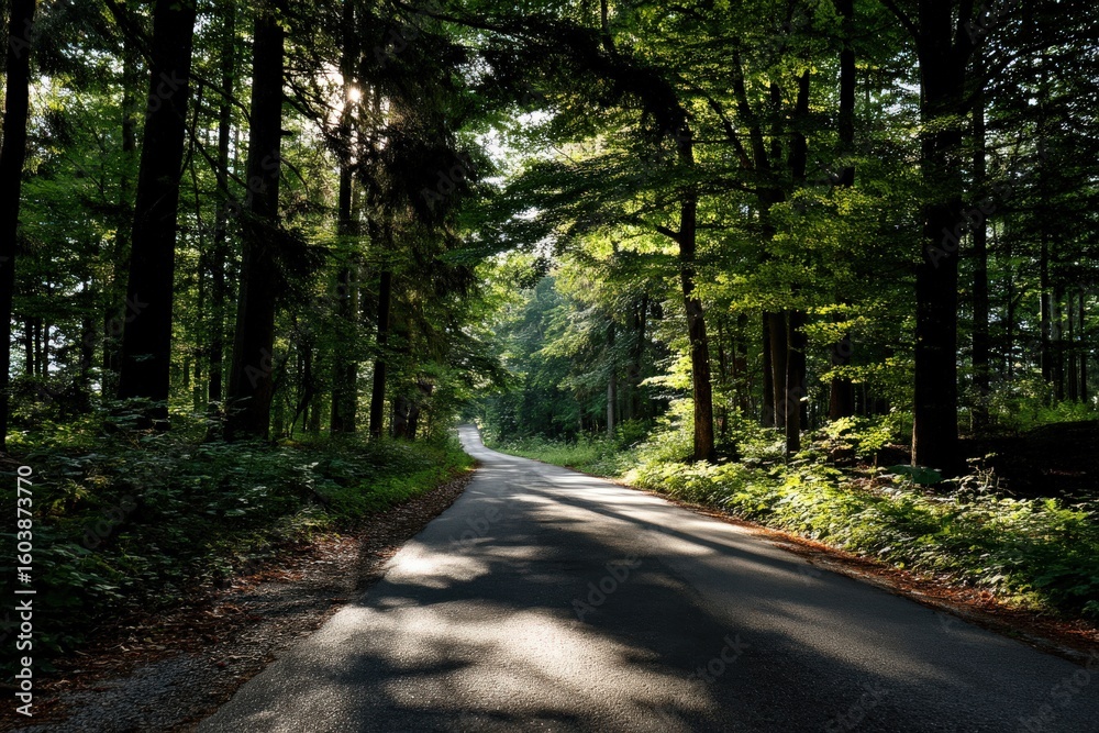 Fototapeta premium The sun shines beautifully through tall trees in the peaceful woods