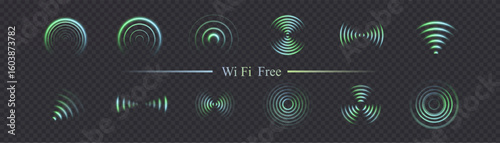Vector set of glowing Wi-Fi icons and radio wave symbols on transparent background. Tech signal elements for communication, UI and network visuals.