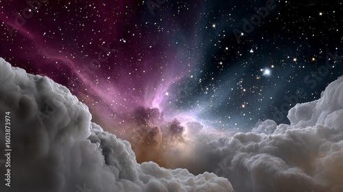 Fototapeta Naklejka Na Ścianę i Meble -  Colorful galaxy with a purple and blue swirl in the middle. The sky is filled with clouds and stars