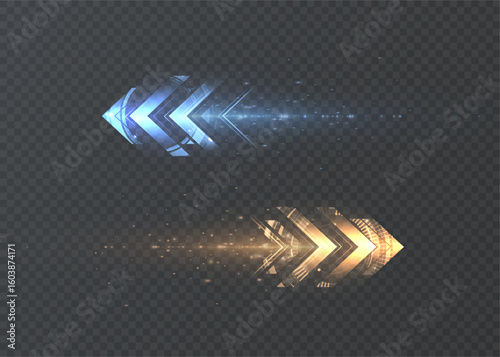 Glowing stripes of bright arrows with speed blur on transparent background. Vector light stripes for racing interface, visual effects of acceleration and direction.