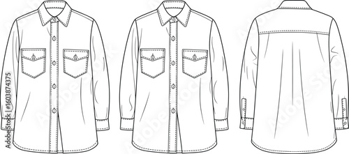 CAD drawing flat vector illustration of long sleeve button-up shirt with collar, front pockets, and back pleat, technical fashion sketch