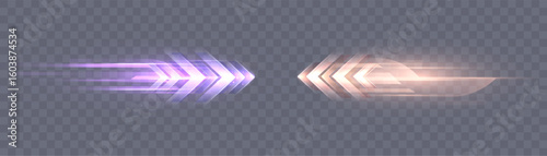 Glowing stripes of bright arrows with speed blur on transparent background. Vector light stripes for racing interface, visual effects of acceleration and direction.