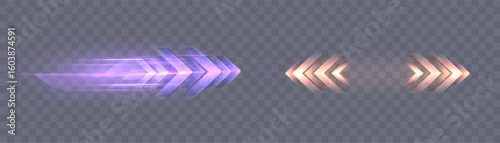 Glowing stripes of bright arrows with speed blur on transparent background. Vector light stripes for racing interface, visual effects of acceleration and direction.