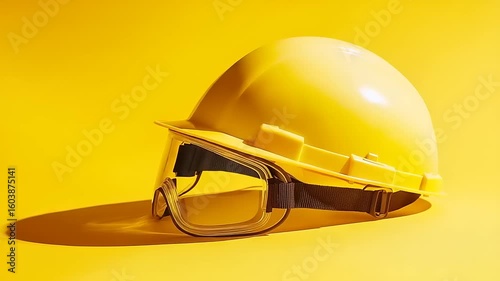 Yellow safety helmet and goggles on a yellow background