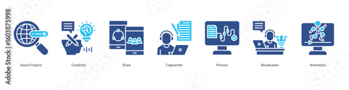 Creative Media Production banner web icon set vector illustration concept with icon of search engine, creativity, share, copywriter, process, broadcaster, animation