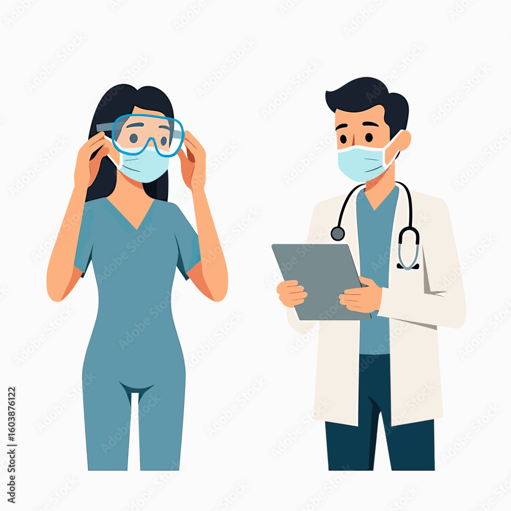 Obraz premium Flat Design Healthcare Professionals Vector Set: A Female Nurse Adjusting Her Mask and a Male Doctor with a Stethoscope, Perfect for Medical Safety Guidelines or Public Health Campaigns. 