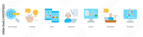Creative Media Production icon set collection. Containing  search engine, creativity, share, copywriter, process, broadcaster, animation