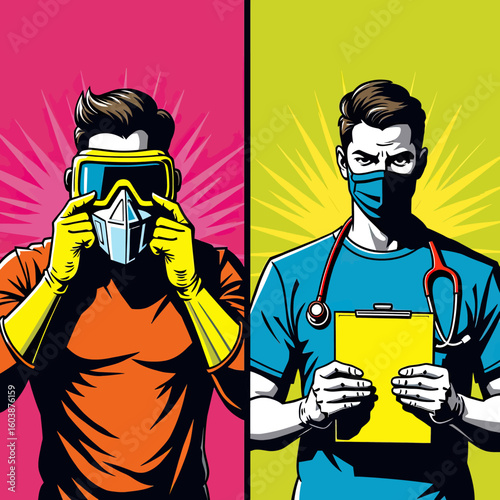 Energetic Pop Art Illustration of Diverse Professionals, featuring a Construction Worker in Protective Gear and a Doctor with a Medical Mask, Ideal for Modern Healthcare or Workplace Safety Awareness.
