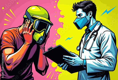 Dynamic Pop Art Professionals Illustration Featuring a Doctor and Construction Worker with Vibrant Colors, Perfect for Modern Healthcare Campaigns, Workplace Safety Graphics, or Engaging Occupational 