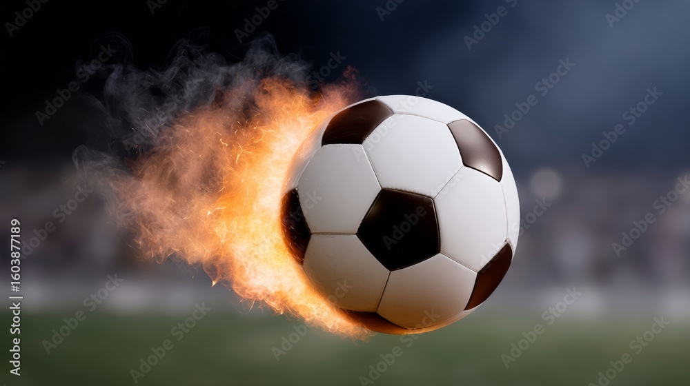 Fototapeta premium Soccer ball is in the air with smoke and fire coming off of it. Concept of excitement and energy, as if the ball is in mid-air during a game