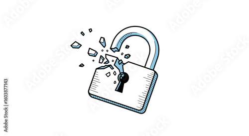Broken open padlock icon in hand-drawn blue and black style