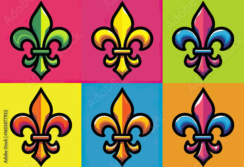 Colorful Fleur-de-lis Grid Pattern Vector Illustration on Solid Color Squares, Ideal for Vibrant Textile Designs, Festive Mardi Gras Decorations, or Modern Cultural Backgrounds.
