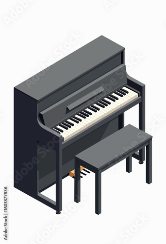 Minimalist Isometric Upright Piano Vector Illustration in Neutral Grey, Ideal for Modern Interior Design Layouts, Educational Music App Assets, or Clean Architectural Rendering Projects.
