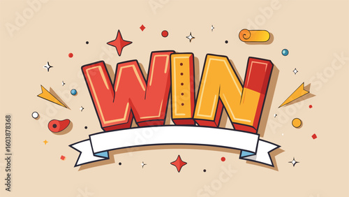 WIN colorful star typography with game vibe and cheerful ribbon layout