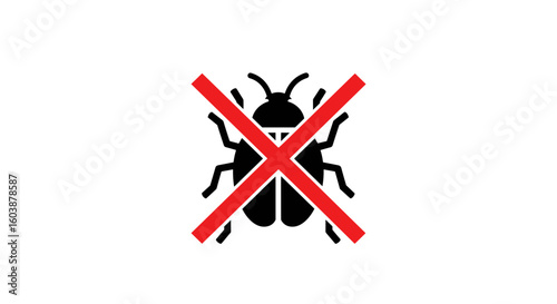 Bug icon crossed out with red X in flat antivirus illustration